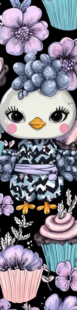 Free kawaii bookmark featuring a chicken with cupcakes wearing a robe